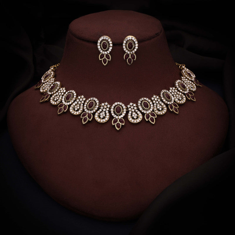 Tehzeeb Creations Gold-Polished Maroon Colour Choker With Dangle Earrings