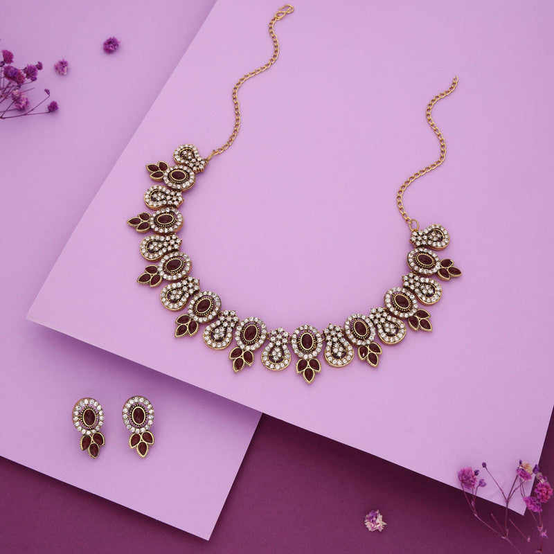 Tehzeeb Creations Gold-Polished Maroon Colour Choker With Dangle Earrings