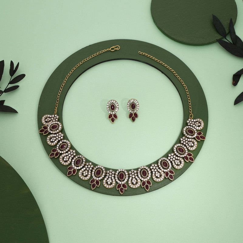 Tehzeeb Creations Gold-Polished Maroon Colour Choker With Dangle Earrings