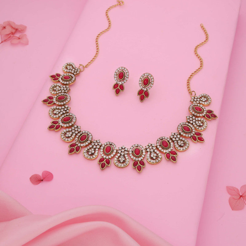 Tehzeeb Creations Gold-Polished Pink Colour Choker With Dangle Earrings
