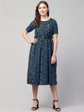 PAVONINE Navy Blue Color Jaipuri Print Belt Dress For Women - Distacart
