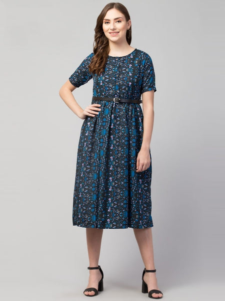 PAVONINE Navy Blue Color Jaipuri Print Belt Dress For Women