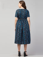 PAVONINE Navy Blue Color Jaipuri Print Belt Dress For Women - Distacart