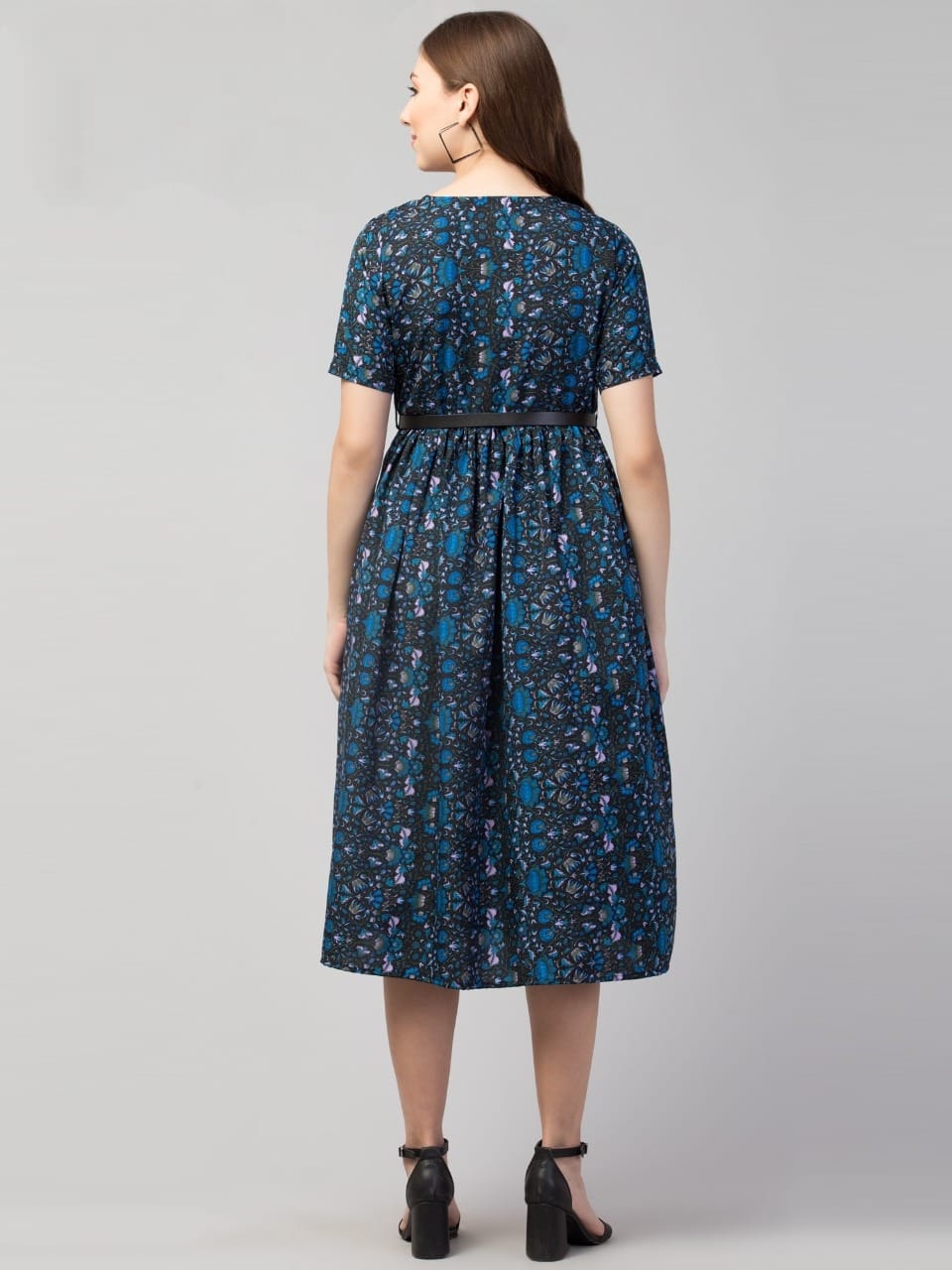 PAVONINE Navy Blue Color Jaipuri Print Belt Dress For Women - Distacart