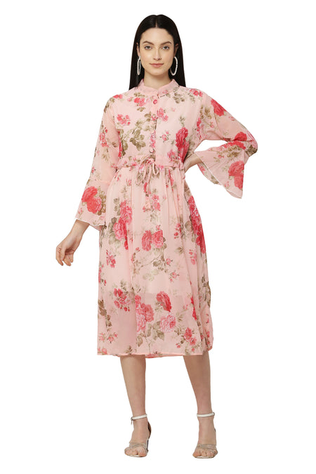 PAVONINE Peach Color Flower Printed Straight Dress For Women