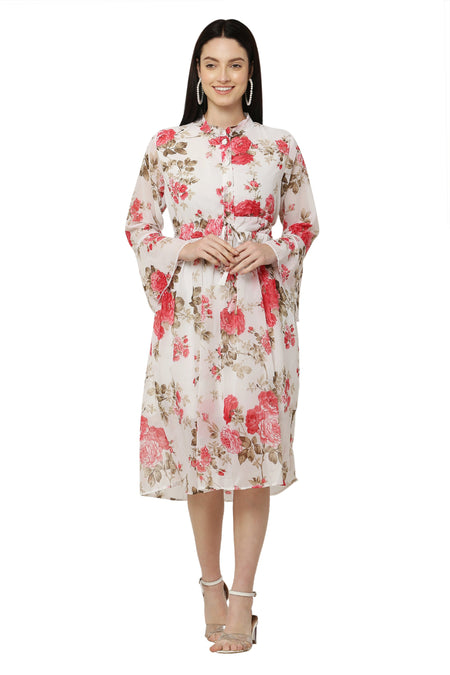 PAVONINE Pink Color Flower Printed Straight Dress For Women