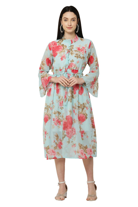 PAVONINE Rama Green Color Flower Printed Straight Dress For Women