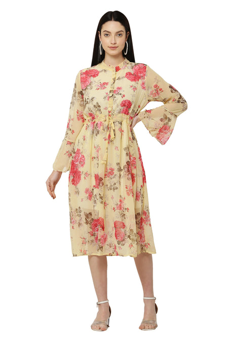 PAVONINE Yellow Color Flower Printed Straight Dress For Women