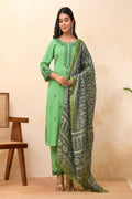 Vaasva Women Pista Embroidered Kurta Set With Solid Pants & Printed Dupatta - Distacart