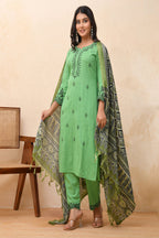Vaasva Women Pista Embroidered Kurta Set With Solid Pants & Printed Dupatta - Distacart