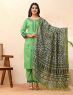 Vaasva Women Pista Embroidered Kurta Set With Solid Pants & Printed Dupatta - Distacart