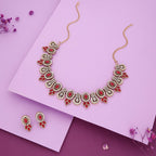 Tehzeeb Creations Gold-Polished Pink Colour Choker With Dangle Earrings
