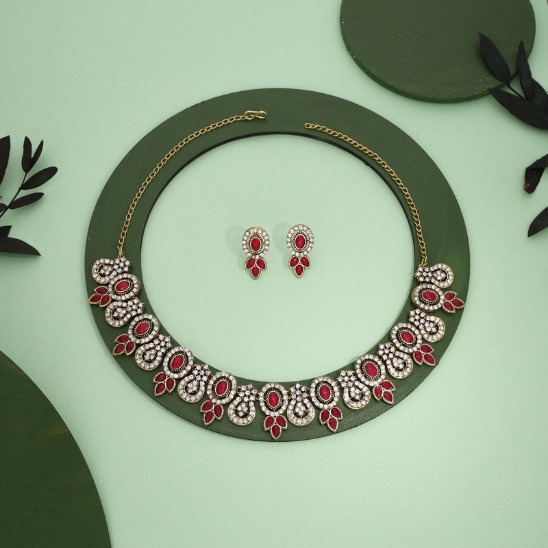 Tehzeeb Creations Gold-Polished Pink Colour Choker With Dangle Earrings
