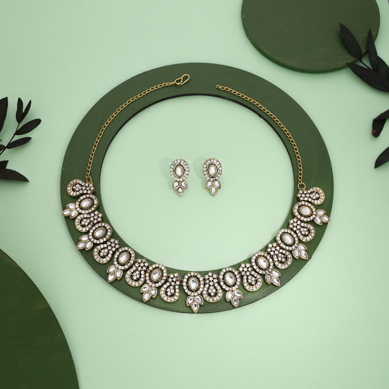Tehzeeb Creations Gold-Polished White Colour Choker With Dangle Earrings