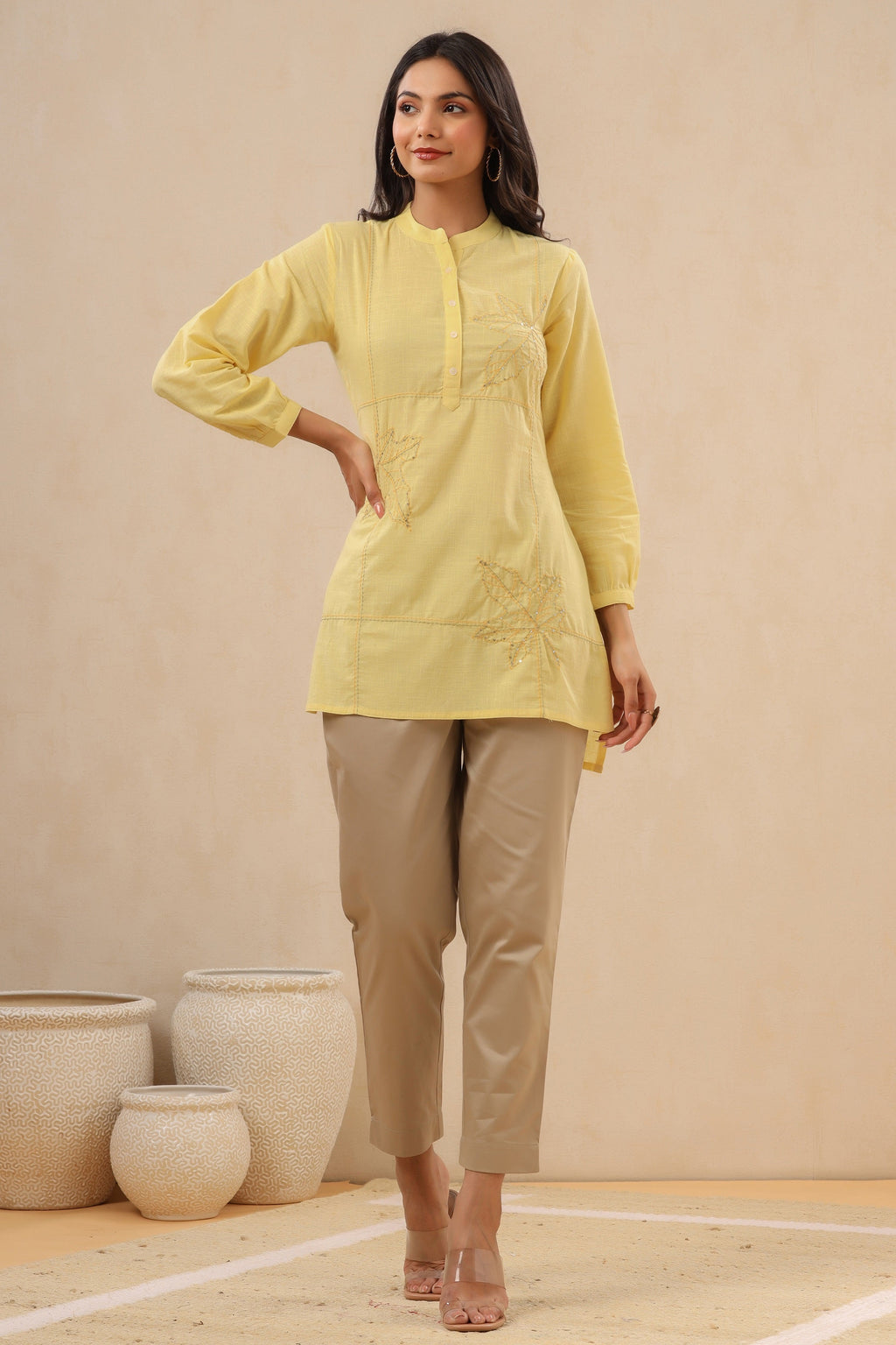 Juniper Womens Yellow Cotton Slub Embroidered High Low Tunic - Distacart