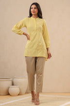 Juniper Womens Yellow Cotton Slub Embroidered High Low Tunic - Distacart