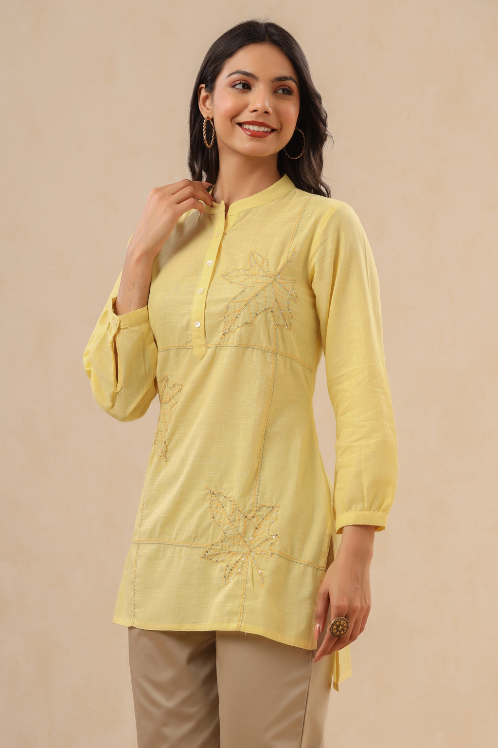 Juniper Womens Yellow Cotton Slub Embroidered High Low Tunic - Distacart
