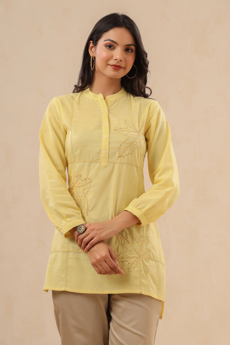 Juniper Womens Yellow Cotton Slub Embroidered High Low Tunic
