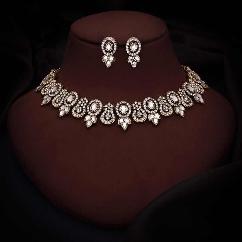 Tehzeeb Creations Gold-Polished White Colour Choker With Dangle Earrings