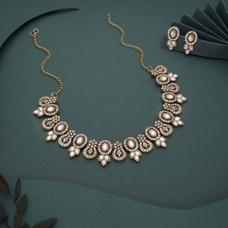 Tehzeeb Creations Gold-Polished White Colour Choker With Dangle Earrings
