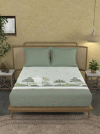 MYTRIDENT Green & White Ethnic Motifs Cotton 144 TC King Bedsheet With 2 Pillow Covers