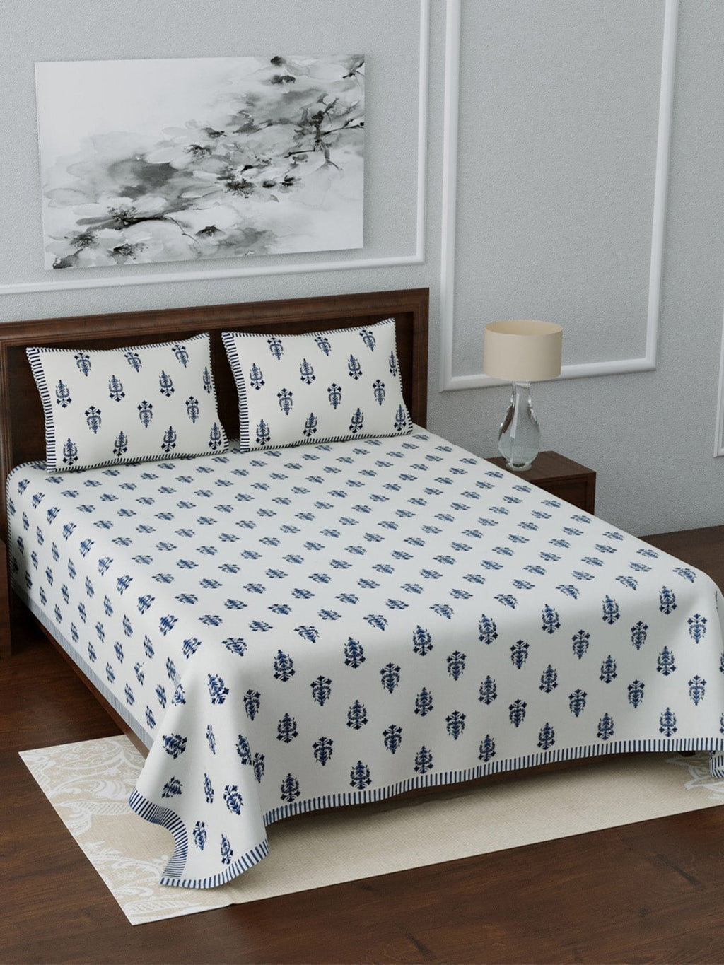 LIVING ROOTS White & Navy Blue Printed 210 TC Cotton 1 Extra Large Bedsheet with 2 Pillow Covers