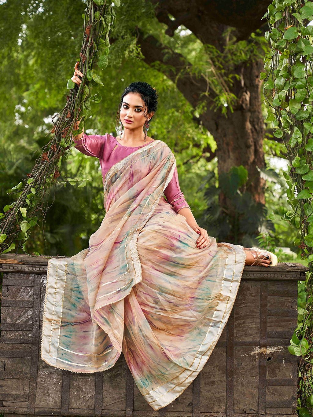 Tikhi Imli Peach Tie and Dye Gotta Patti Organza Saree - Distacart
