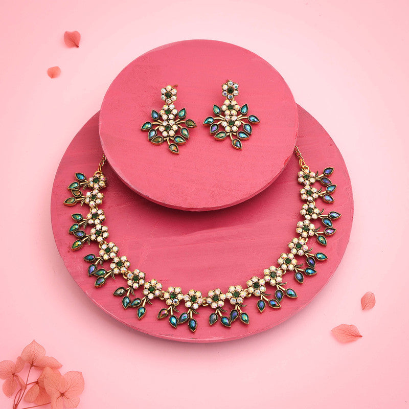 Tehzeeb Creations Gold-Polished Green Colour Choker With Dangle Earrings