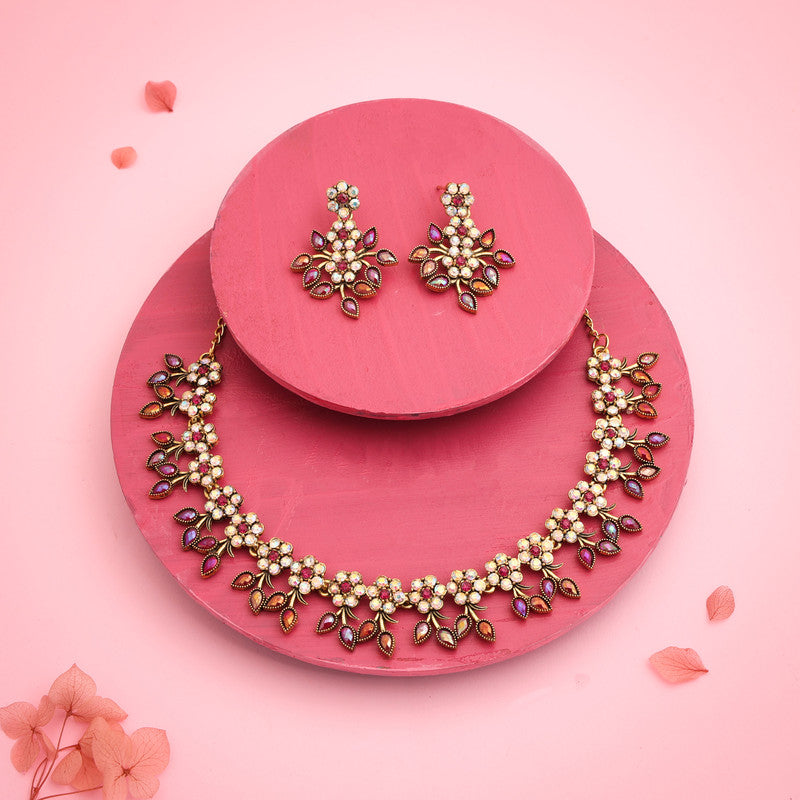 Tehzeeb Creations Gold-Polished Pink Colour Choker With Dangle Earrings