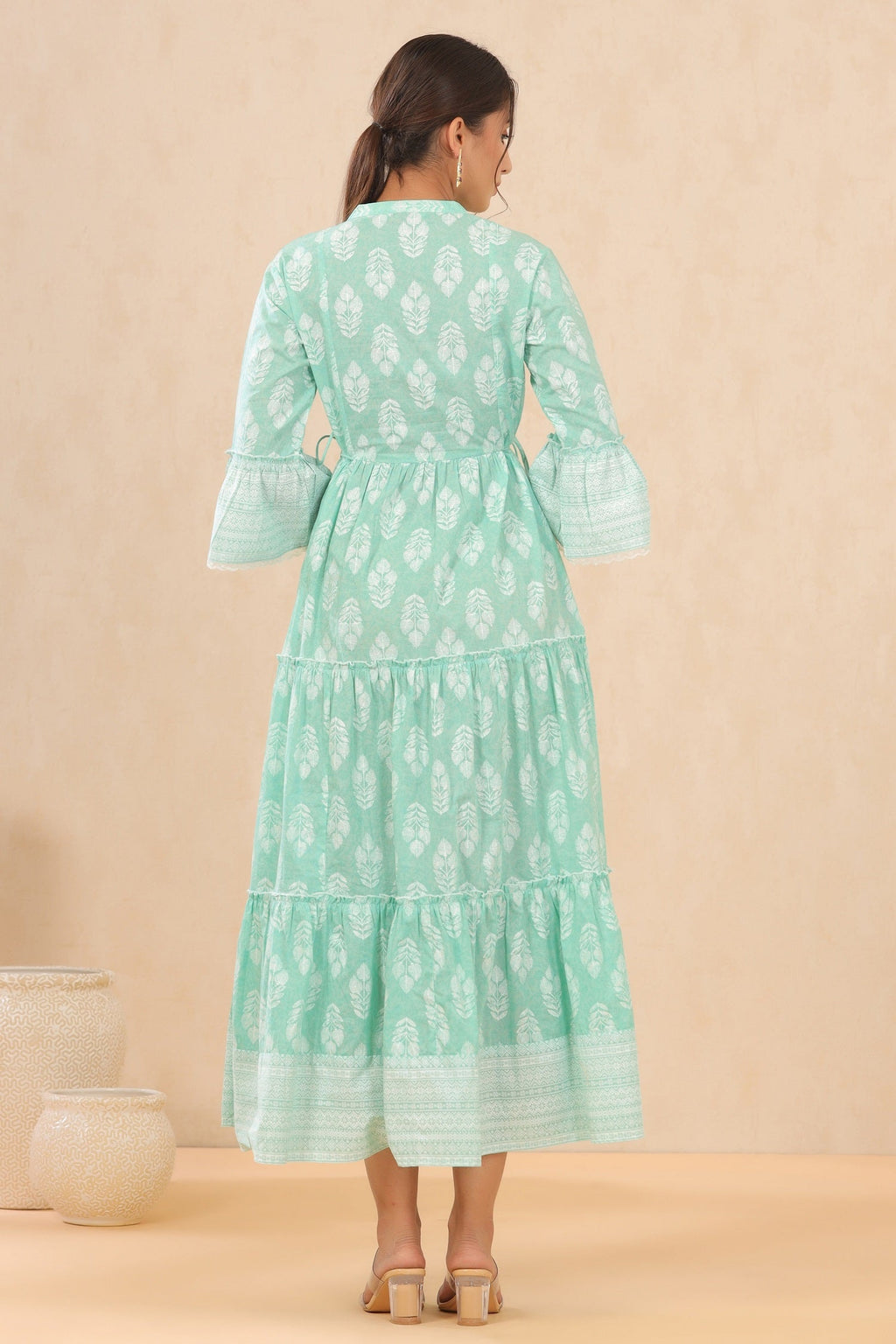 Juniper Womens Mint Cambric Printed Tiered Dress With Flared Sleeve - Distacart