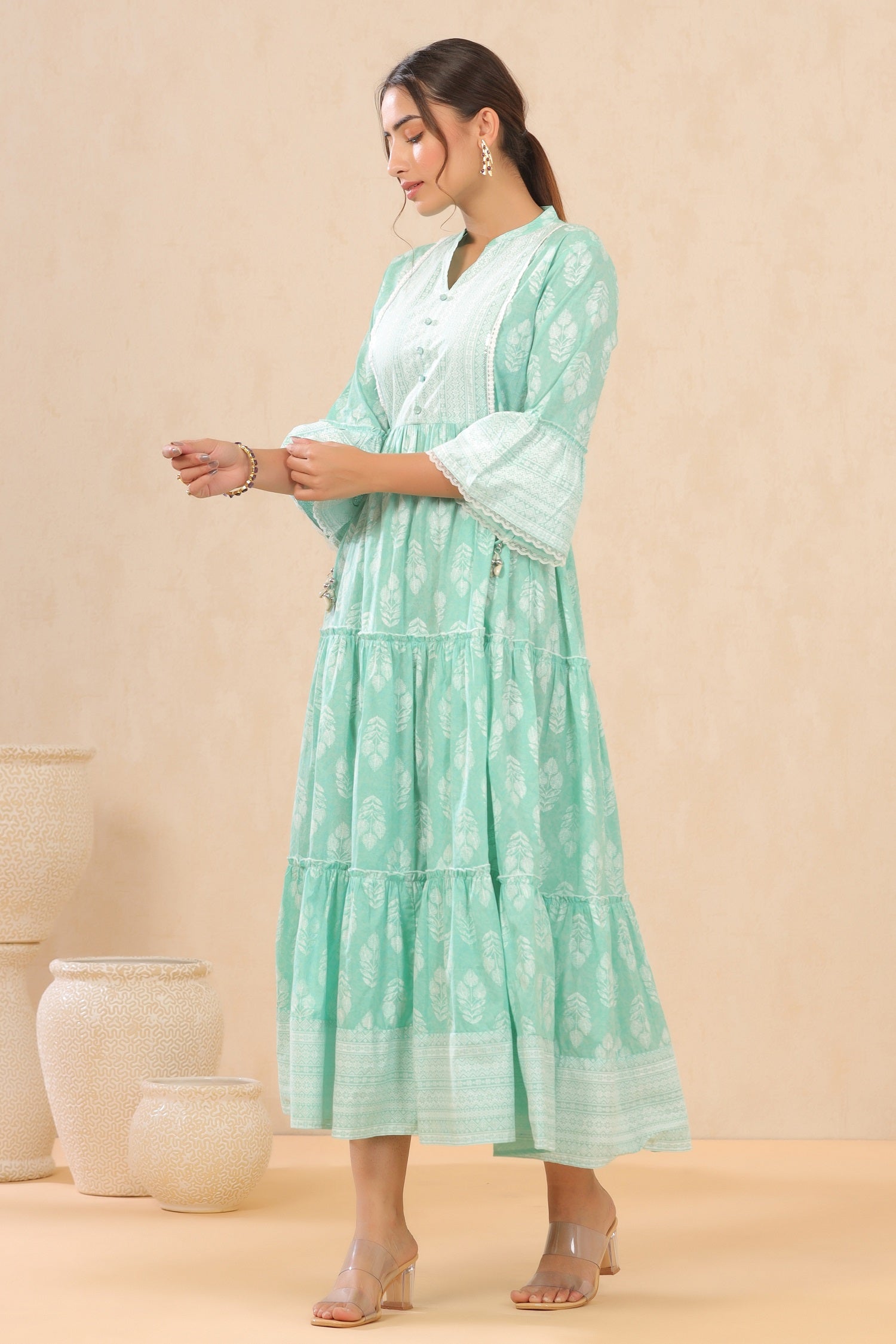 Juniper Womens Mint Cambric Printed Tiered Dress With Flared Sleeve - Distacart