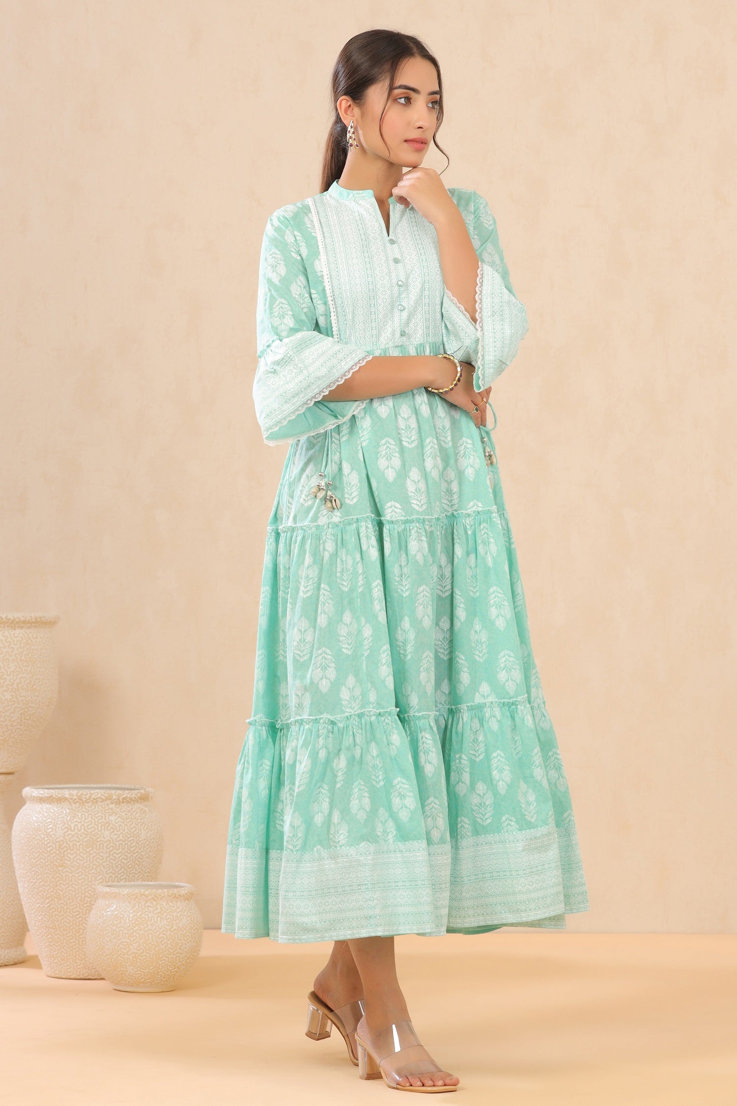 Juniper Womens Mint Cambric Printed Tiered Dress With Flared Sleeve - Distacart