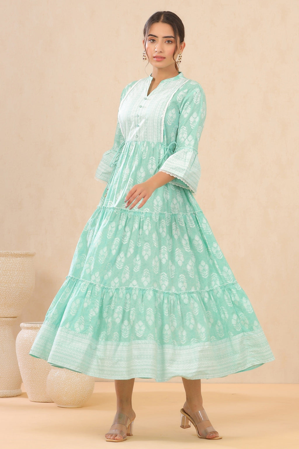 Juniper Womens Mint Cambric Printed Tiered Dress With Flared Sleeve - Distacart