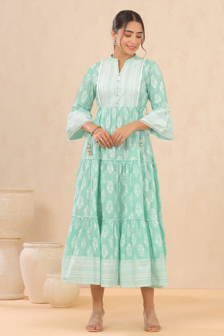 Juniper Womens Mint Cambric Printed Tiered Dress With Flared Sleeve
