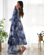 Lorenvalley Navyblue Soft Organza Silk With Marble Print Anarkali Pant With Dupatta Set