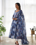 Lorenvalley Navyblue Soft Organza Silk With Marble Print Anarkali Pant With Dupatta Set