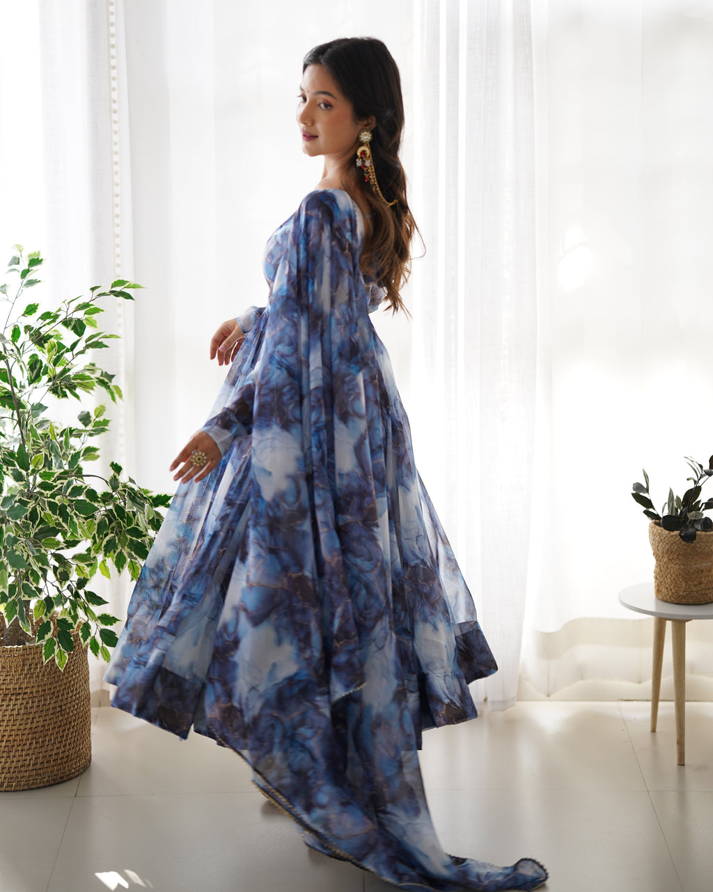 Lorenvalley Navyblue Soft Organza Silk With Marble Print Anarkali Pant With Dupatta Set