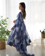 Lorenvalley Navyblue Soft Organza Silk With Marble Print Anarkali Pant With Dupatta Set