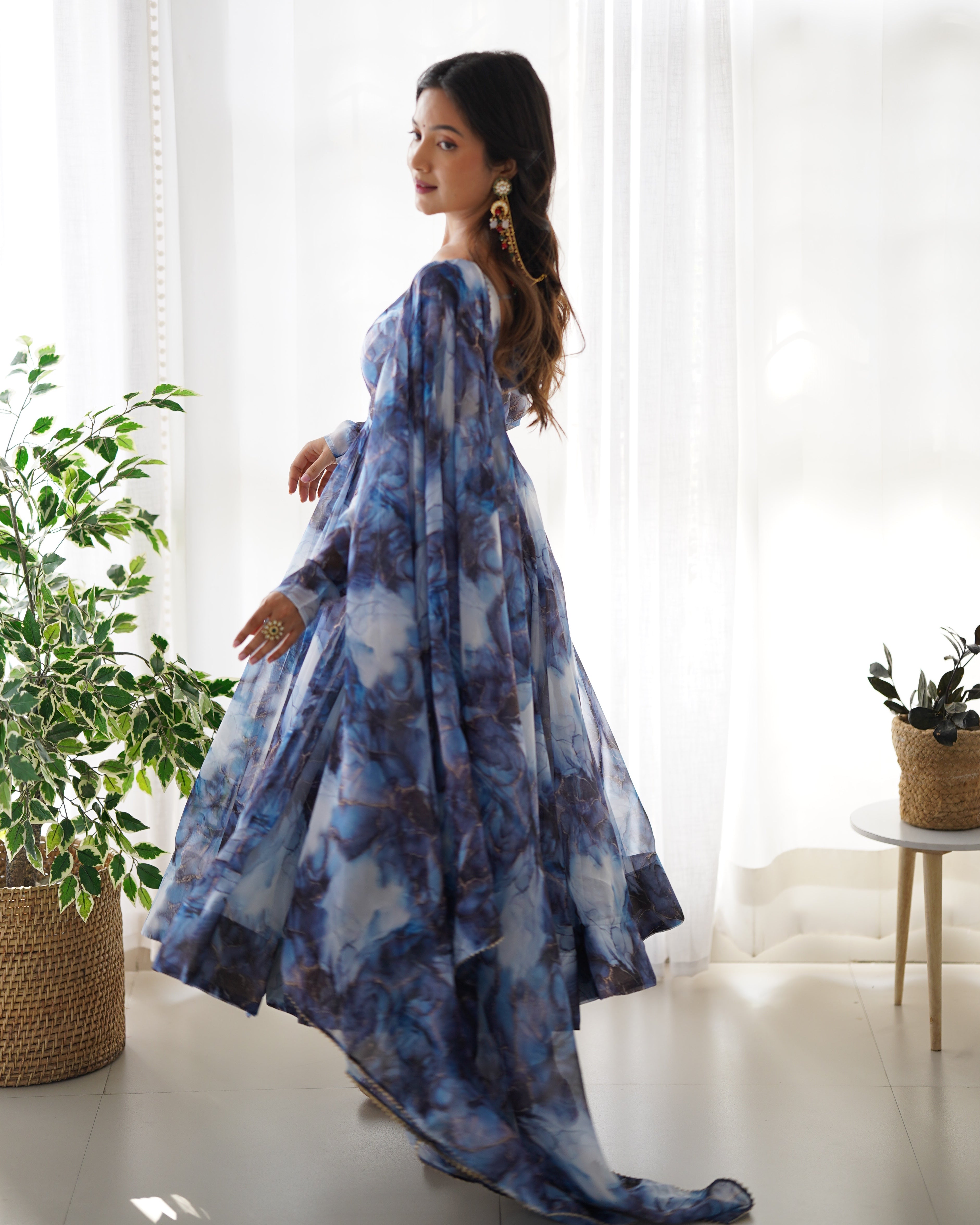 Lorenvalley Navyblue Soft Organza Silk With Marble Print Anarkali Pant With Dupatta Set