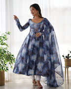 Lorenvalley Navyblue Soft Organza Silk With Marble Print Anarkali Pant With Dupatta Set