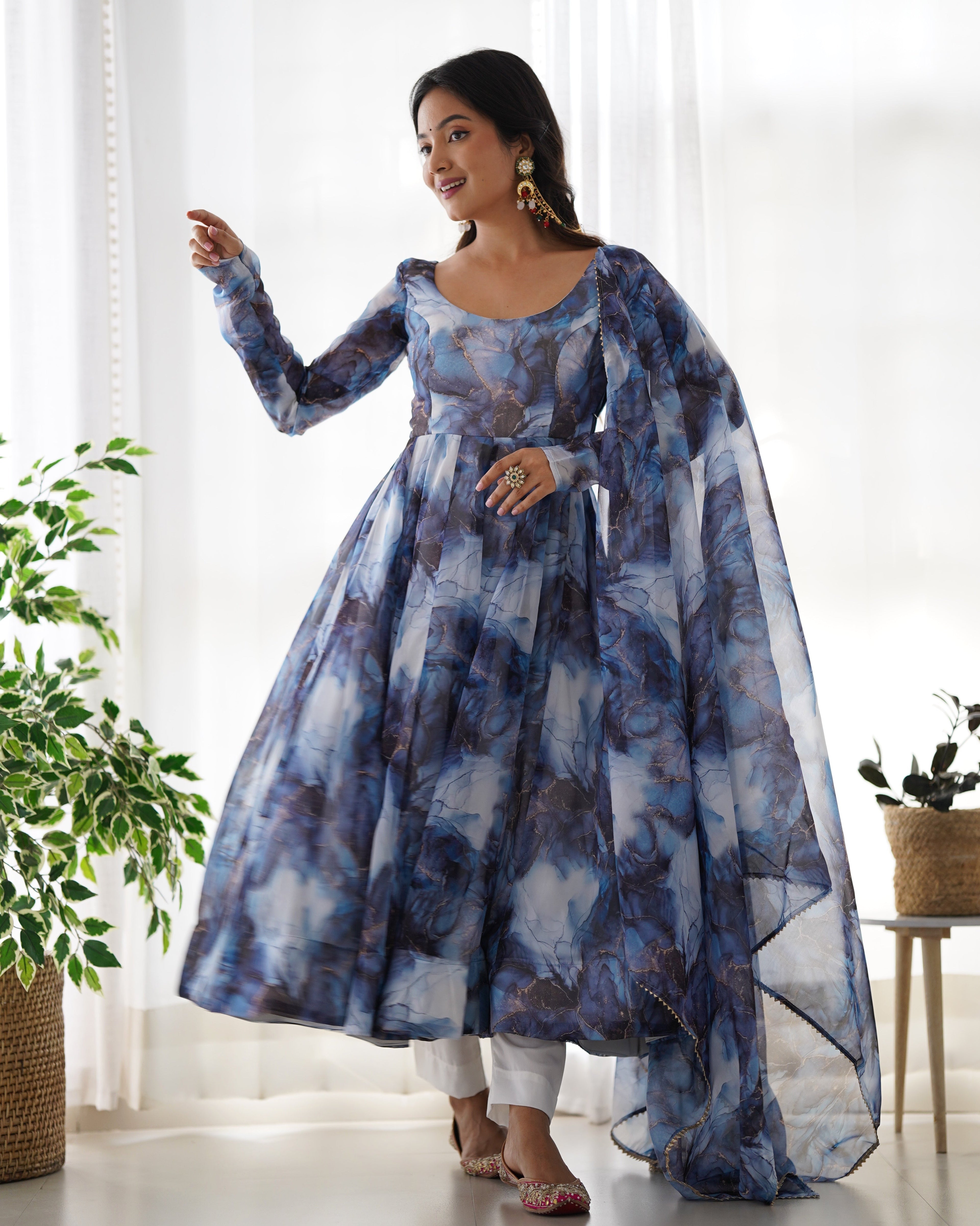 Lorenvalley Navyblue Soft Organza Silk With Marble Print Anarkali Pant With Dupatta Set