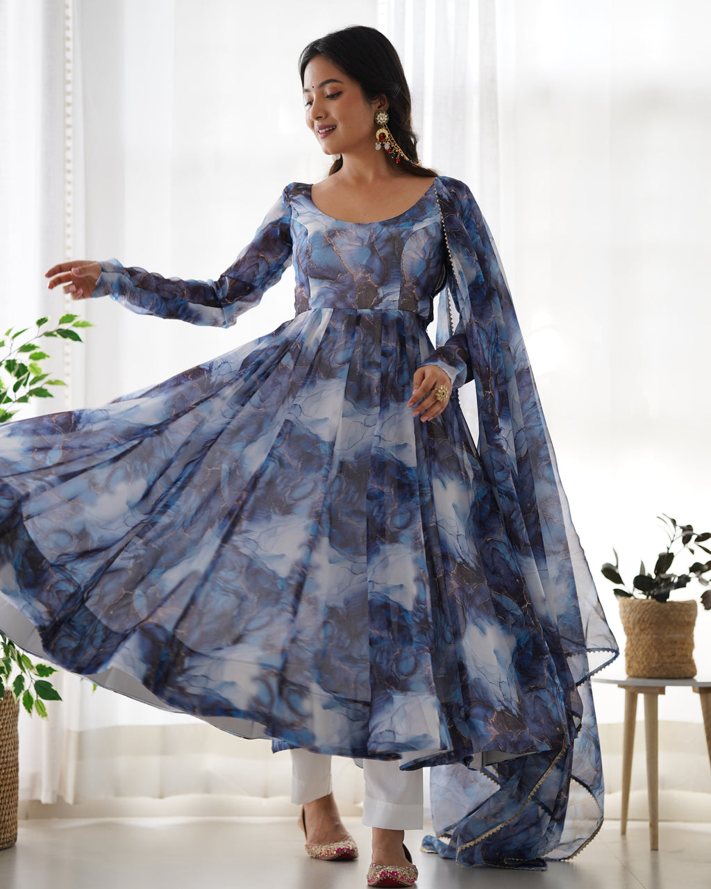 Lorenvalley Navyblue Soft Organza Silk With Marble Print Anarkali Pant With Dupatta Set