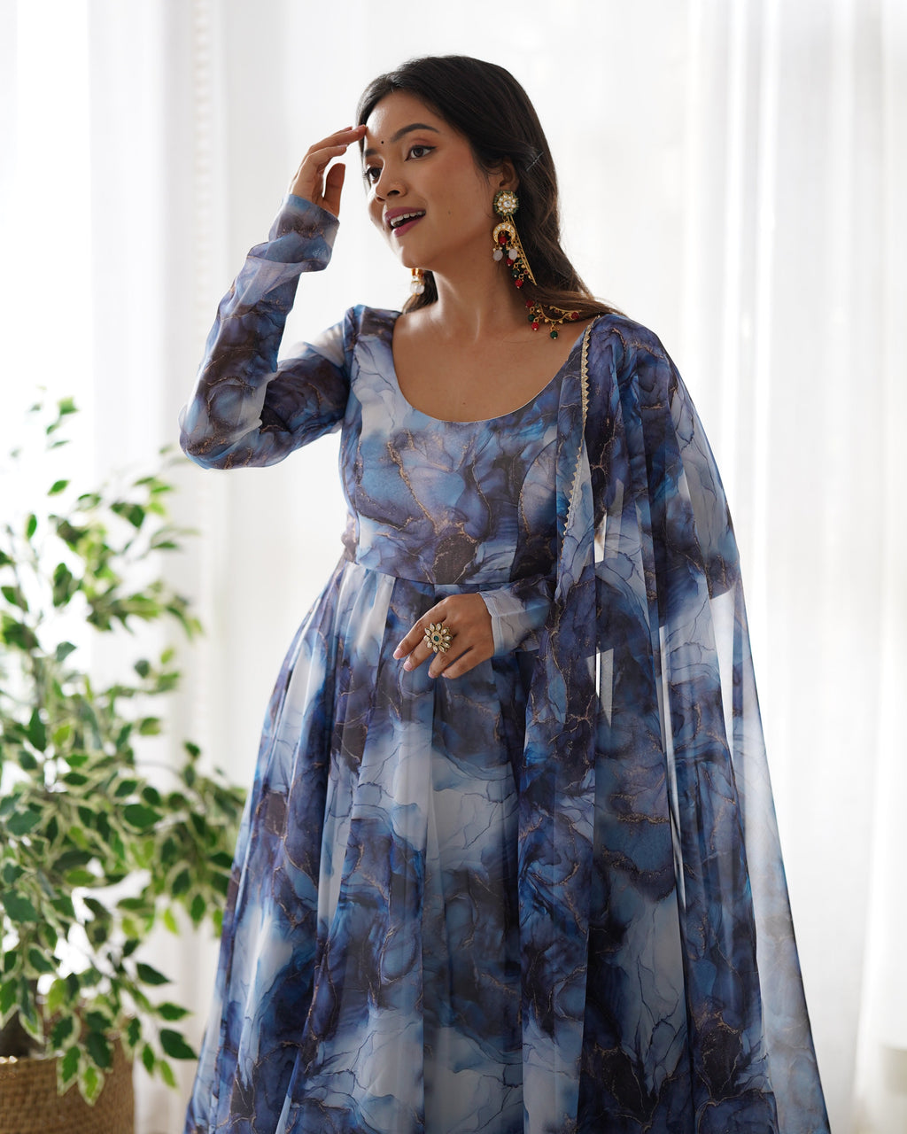 Lorenvalley Navyblue Soft Organza Silk With Marble Print Anarkali Pant With Dupatta Set