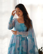 Lorenvalley Navyblue Soft Organza Silk With Marble Print Anarkali Pant With Dupatta Set