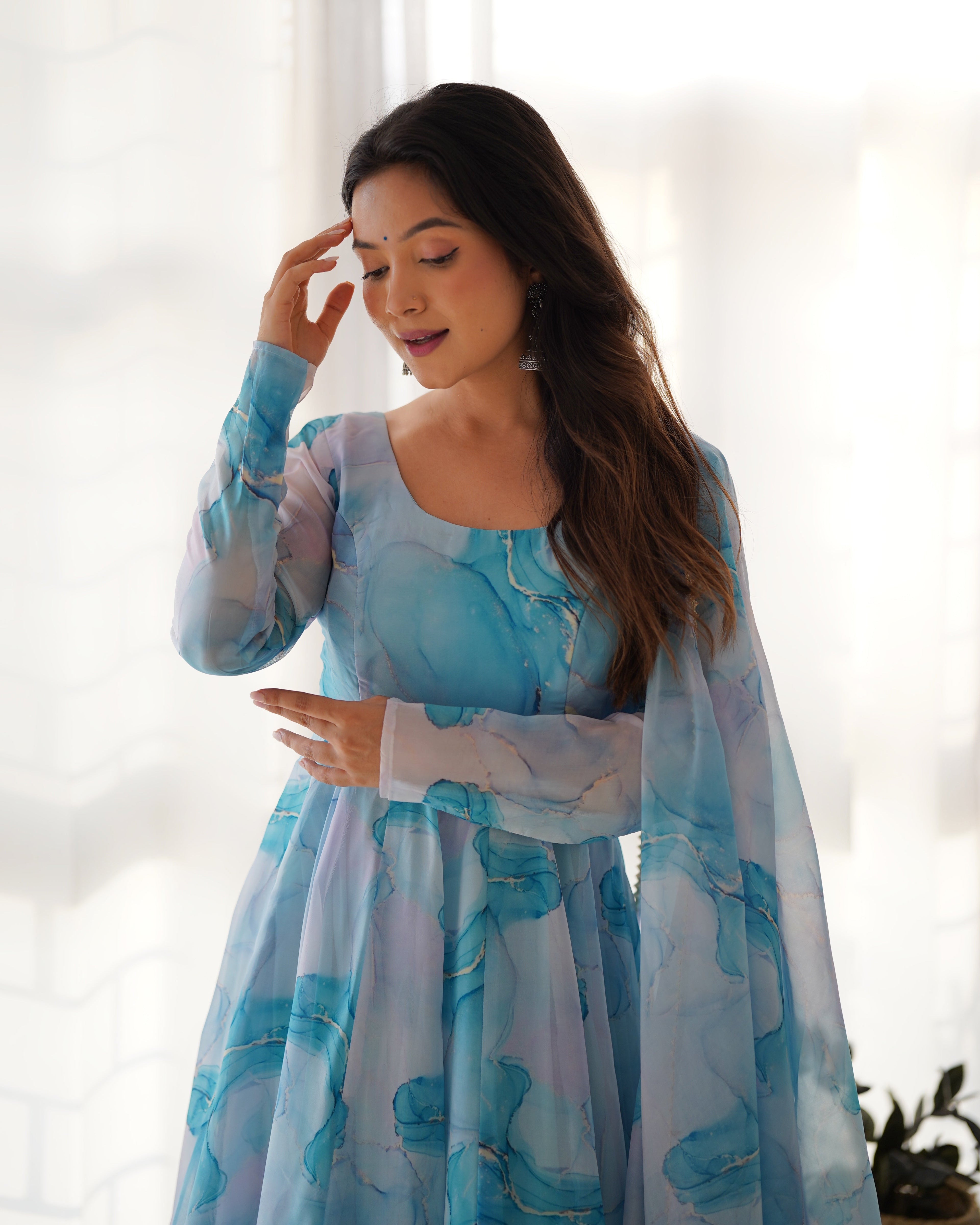Lorenvalley Navyblue Soft Organza Silk With Marble Print Anarkali Pant With Dupatta Set