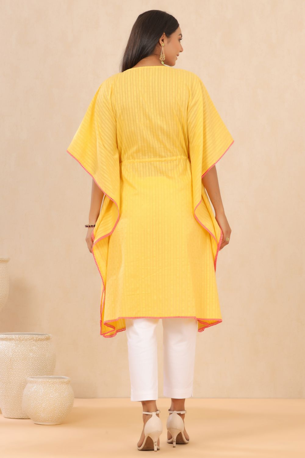 Juniper Womens Yellow Cotton Dobby Embroiderd Kaftan Kurta - Distacart