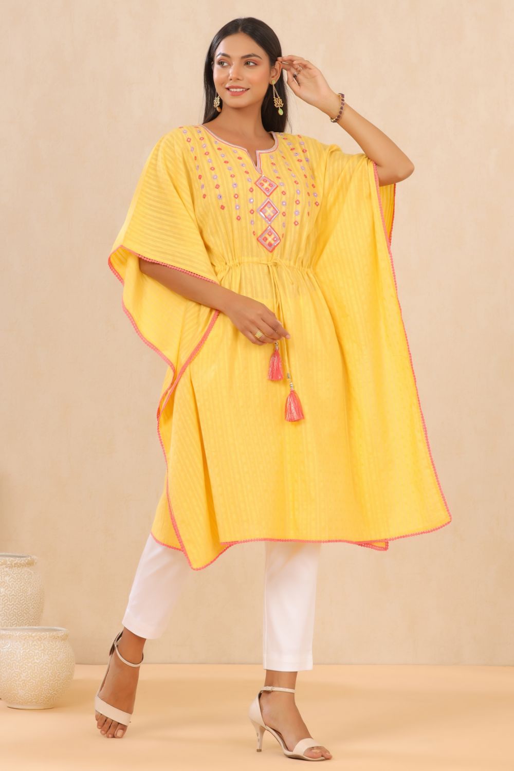 Juniper Womens Yellow Cotton Dobby Embroiderd Kaftan Kurta - Distacart