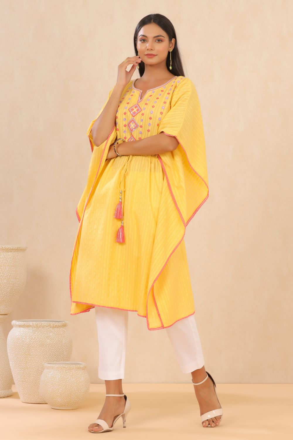 Juniper Womens Yellow Cotton Dobby Embroiderd Kaftan Kurta - Distacart