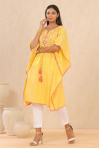 Juniper Womens Yellow Cotton Dobby Embroiderd Kaftan Kurta - Distacart