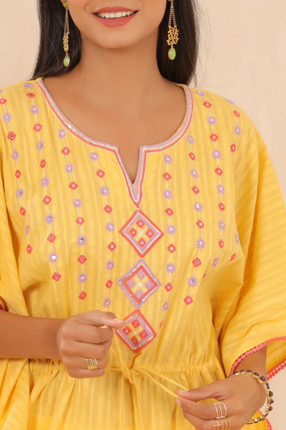 Juniper Womens Yellow Cotton Dobby Embroiderd Kaftan Kurta - Distacart